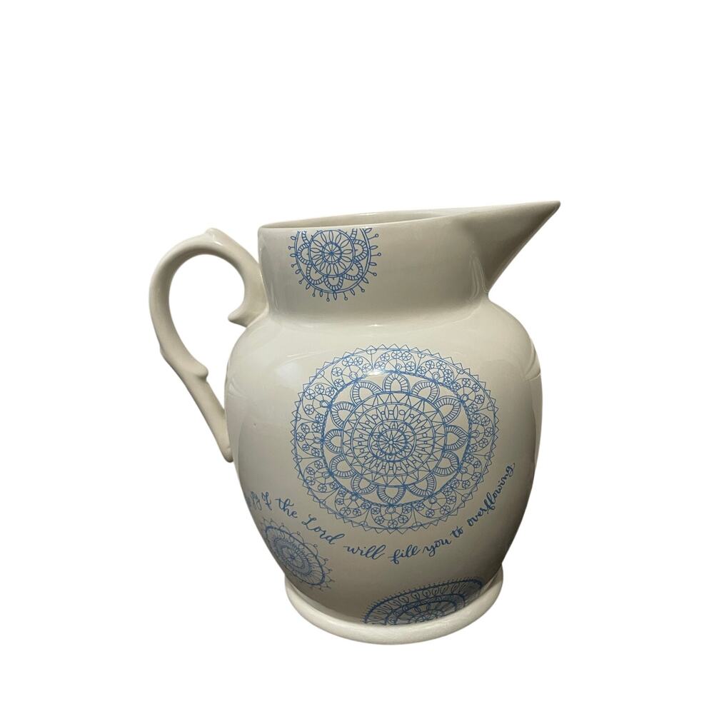 NIB Mary & Martha Overflowing Pitcher Ceramic Cream Blue Doily Farmhouse